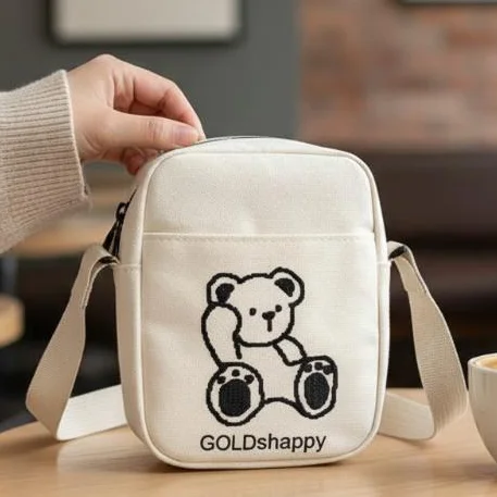 

Canvas crossbody bag, cute bear embroidered women's mini shoulder bag, casual daily travel shopping phone bag