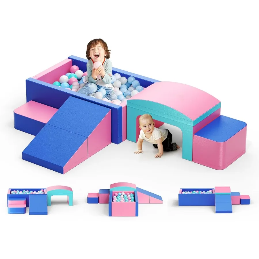 

Soft Foam Climbing Blocks for Toddlers Indoor Play Set with Foldable Tunnel Baby Climbing Toys 1-3 Years Blue and Red