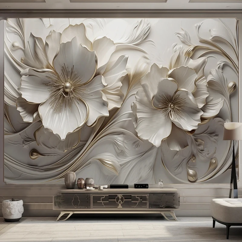 Light Luxury Beautiful 3D Relief Flowers Wallpaper Photo Murals Living Room Bedroom Dining Room TV Home Decor Papel De Parede