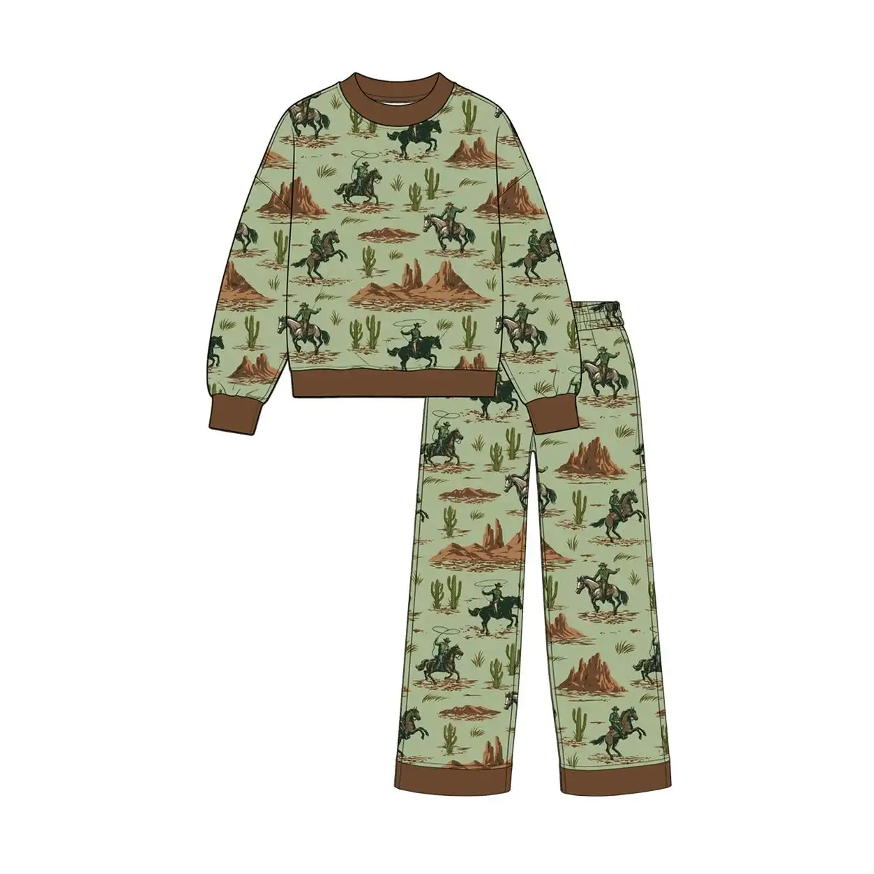 TWholesale Western Hunting Outfit Duck Camo Deer Hunter Patchwork Cowboy Cactus Horse Desert Print Top Pants Kids 2 Piece Set
