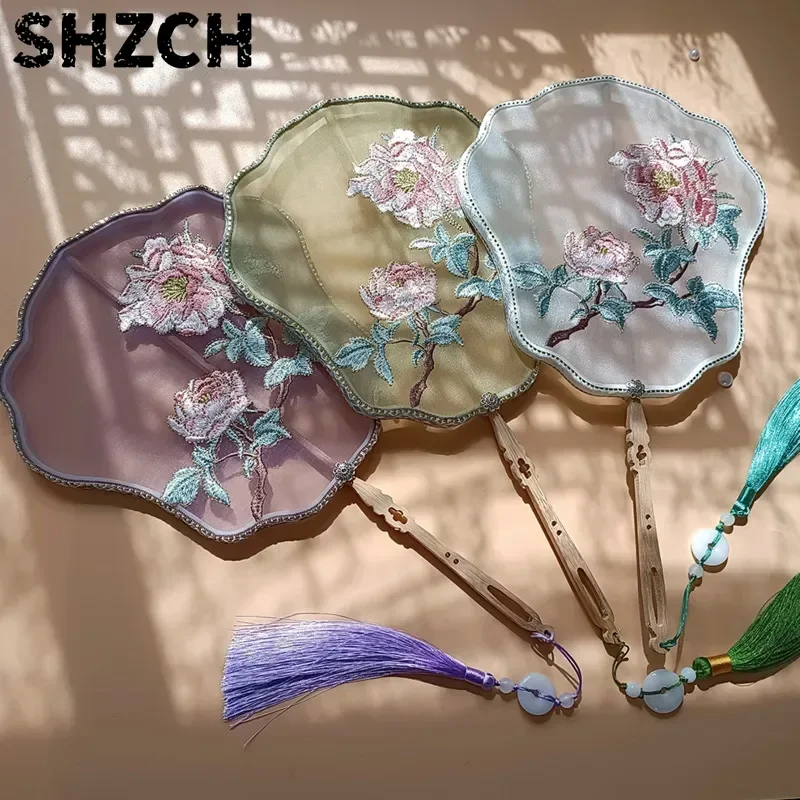Chinese Style Hand Held Fan Peony Embroidery Portable Fan for Dance Runway Shows Hanfu and Cheongsam Accessories