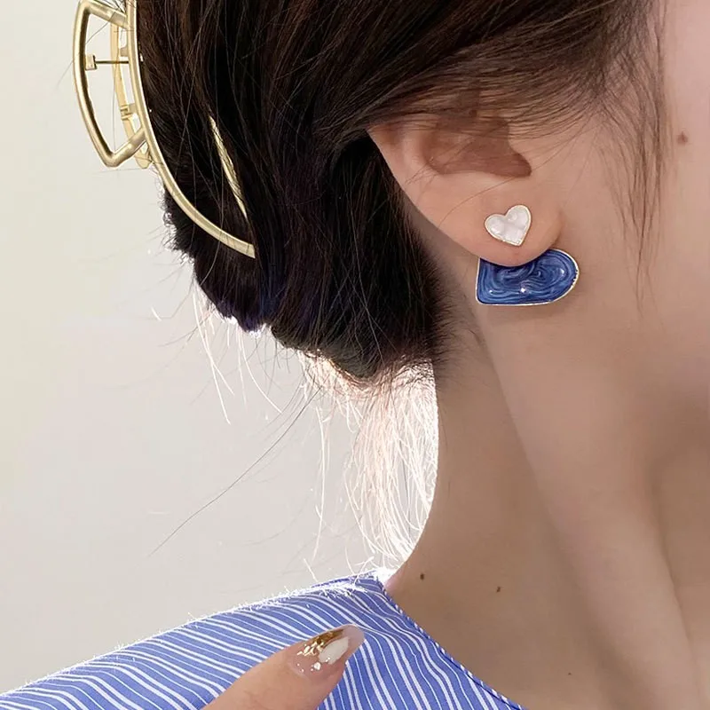 925 Silver Needle Korean Fashion Dropping Oil Blue Heart Earrings For Women Jewelry 2024 Trending New Women's Stud Earrings Gift