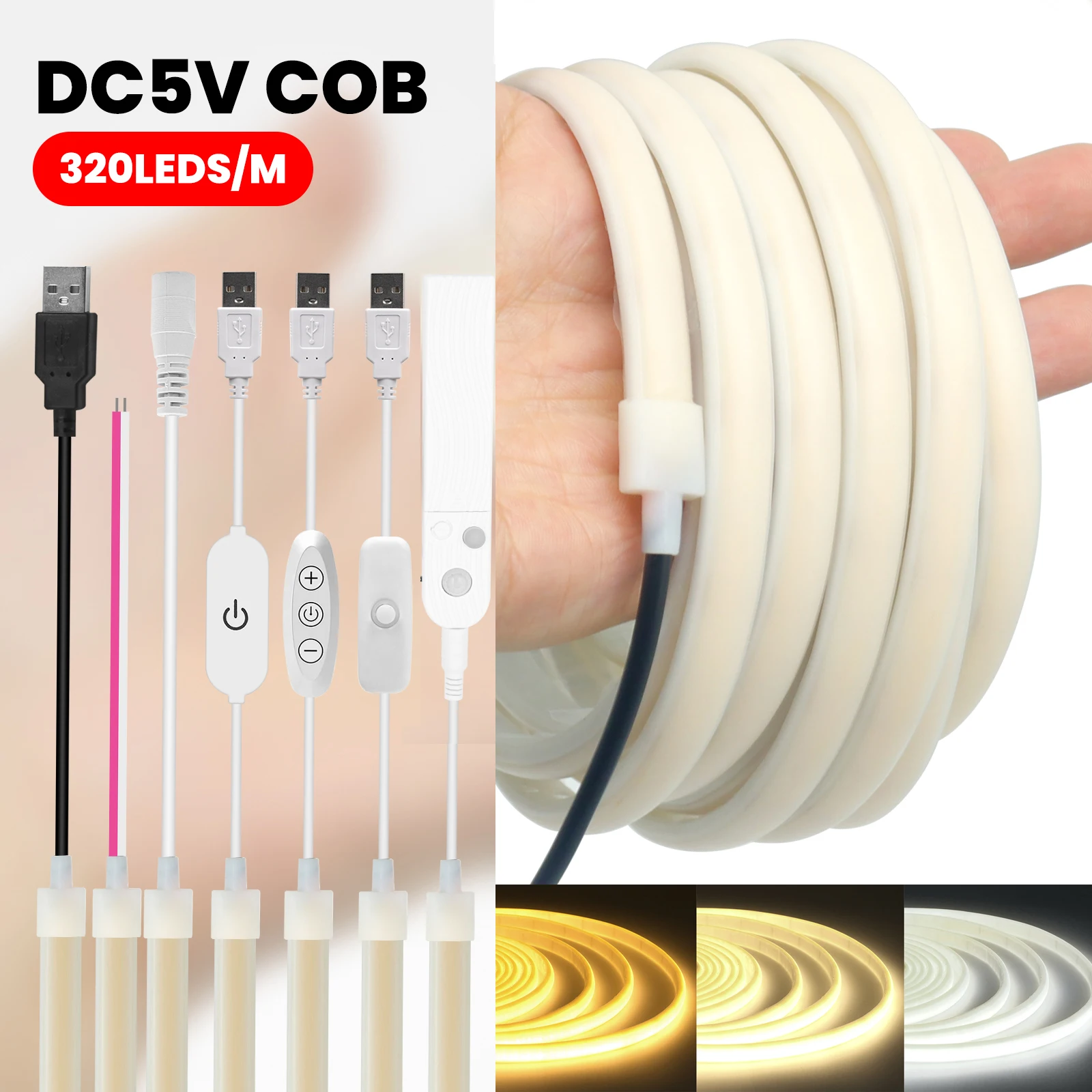 DC 5V COB LED Strip 320 LEDs/m Flexible Neon Tape IP67 Waterproof Light Strip For TV Backlight Home Garden Decor