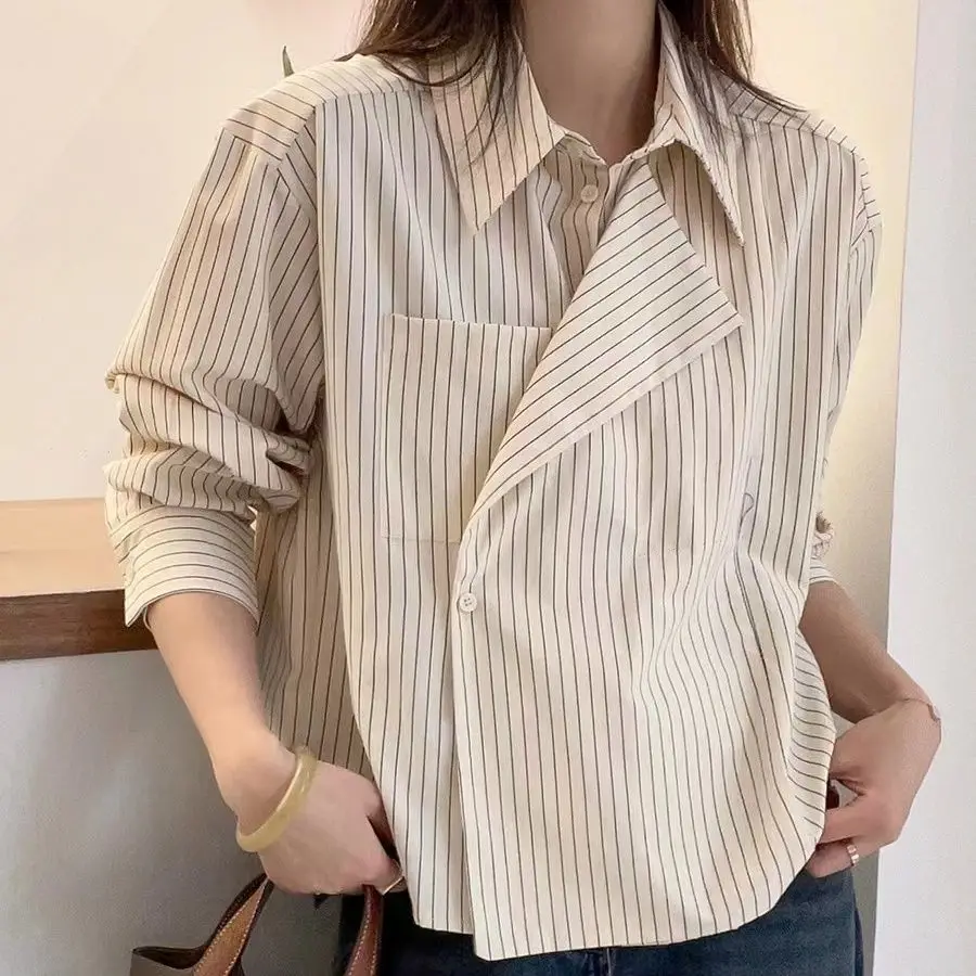 Casual Commuting Polo Collar Long Sleeves Striped Shirt for Women\'s Spring Autumn New Western Style Loose Temperament Trendy Top