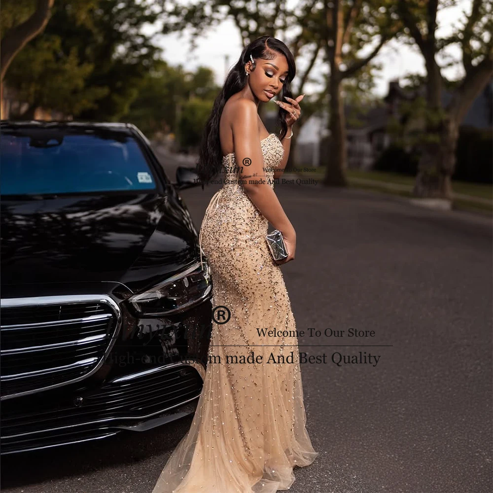 Robes de bal sirène de luxe à paillettes pour filles, sans bretelles, en Tulle, robes de soirée personnalisées