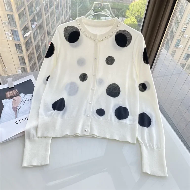 Peals Beading Polka Dot Jacquard Knitted Cardigan Sweater Women's Vintage Fashion O-Neck Long Sleeve Slim Knitwear Tops Ladies