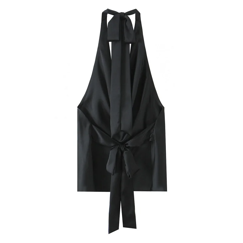 Women Casual Satin Halter Top with Adjustable Tie Sleeveless Open Back Solid Collar Vest Summer Beach Style Casual Female Blouse image 2