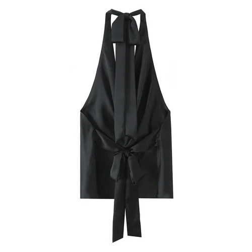 Imagen 2 del producto Top informal de satén con cuello Halter para mujer, blusa informal sin mangas con lazo ajustable y espalda abierta con cuello liso, estilo playero para verano