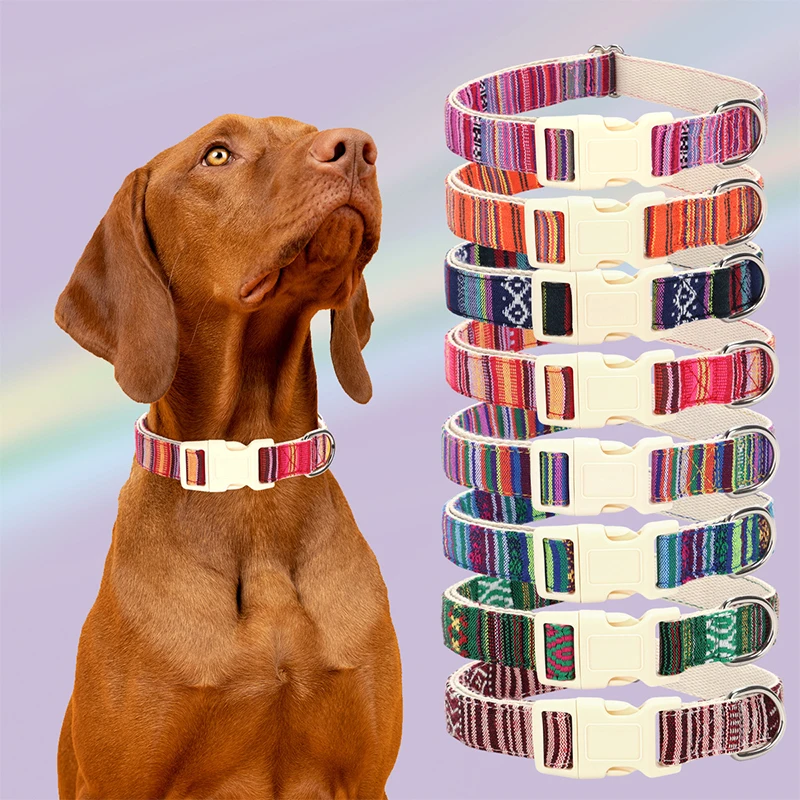 

Adjustable Dog Collar Bohemian Stripe Plaid Pet Collar Ethnic Pet Collars with Metal Buckle for Medium To Large Dog Accessories