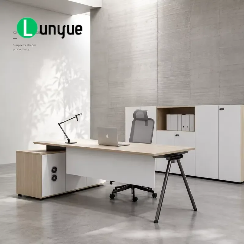 Modern L Shaped Manager Desk Large Workspace Side Cabinets Power Sockets MFC Board Steel Frame Panel Design For Headquarters