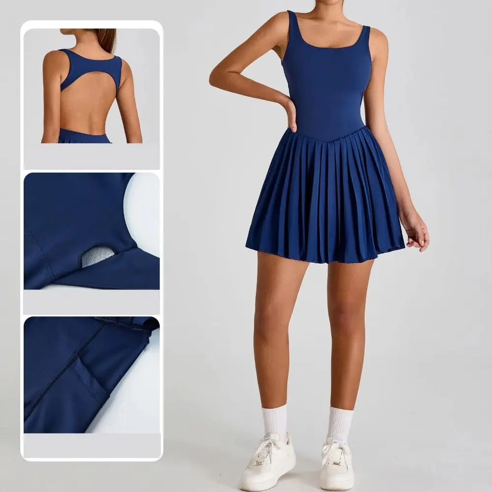 Hollow Out Women Tennis Dress Lace Up Sleeveless Badminton Skirts Polyester Bodycon Fit Workout Romper Dress Tennis Golf