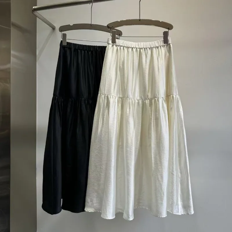 

Summer New Elegant Mulberry Silk Rayon Light Pit Strip Press-pleated Texture Long Skirt