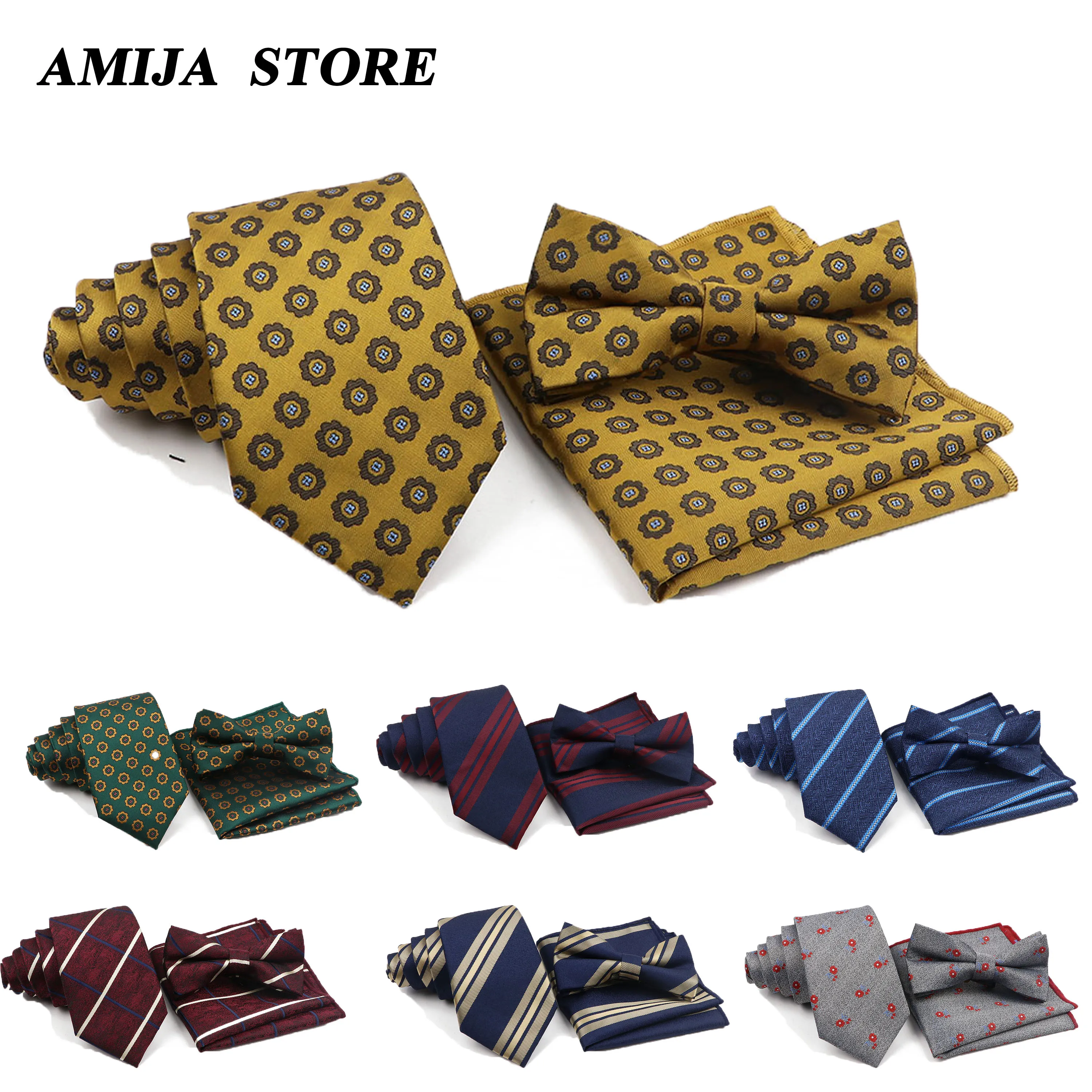 

New Fashion Men's Tie Set Polyester Jacquard Woven Necktie Bowtie Suit Strip Print Floral Gravatas For Groom Business Wedding Pa