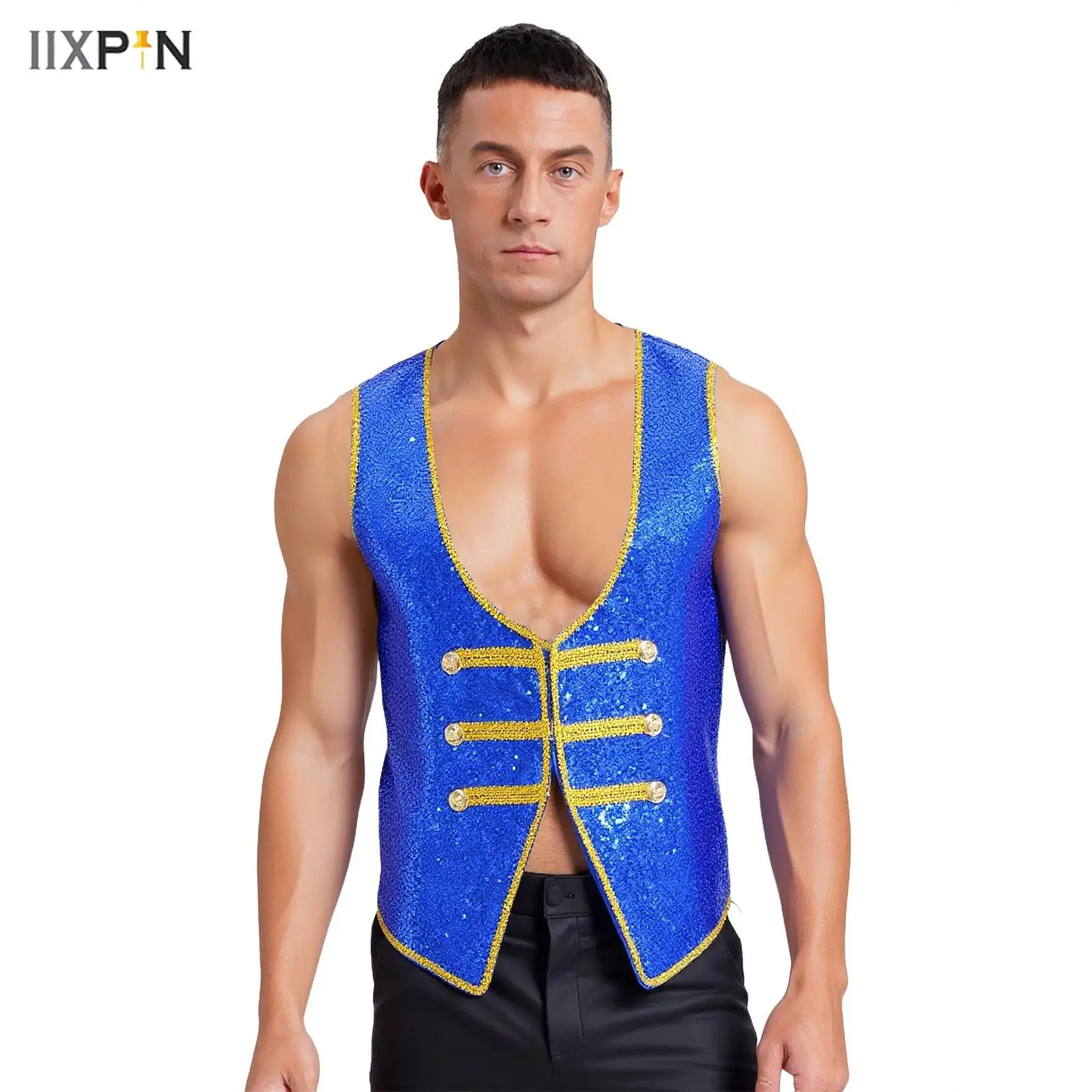 

Men Shiny Sequins Ringmaster Tailcoat Vest Asymmetrical Hem Gold Trim Sleeveless Jacket for Halloween Theme Party Role-Playing