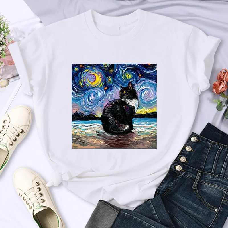 Van Gogh Starry Sky Cat Humor Style Printed T-shirt Fashion Women Tshirt Women'S Short-sleev Tshirt Funny Humor Style Women Tops