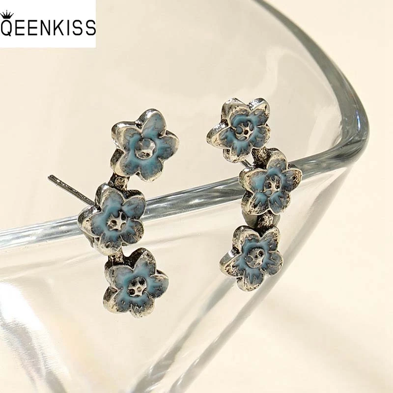 

QEENKISS EG6332 Fine Jewelry Wholesale Fashion Woman Girl Birthday Wedding Retro Flower Turquoise Antique Silver Stud Earrings