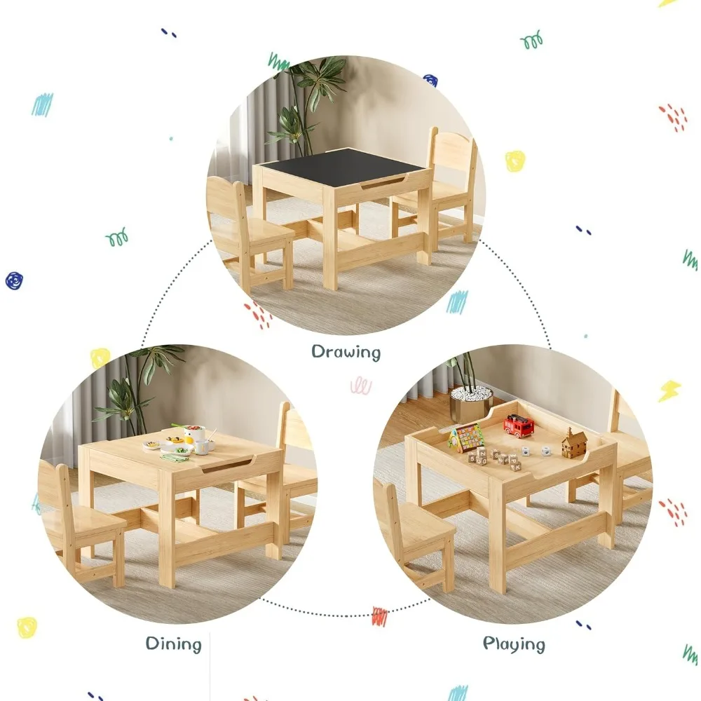 Ensemble de table et chaise en bois massif pour enfants, table et chaise pour tout-petits, bureau pour tout-petits, 3 en 1, 2 ensembles