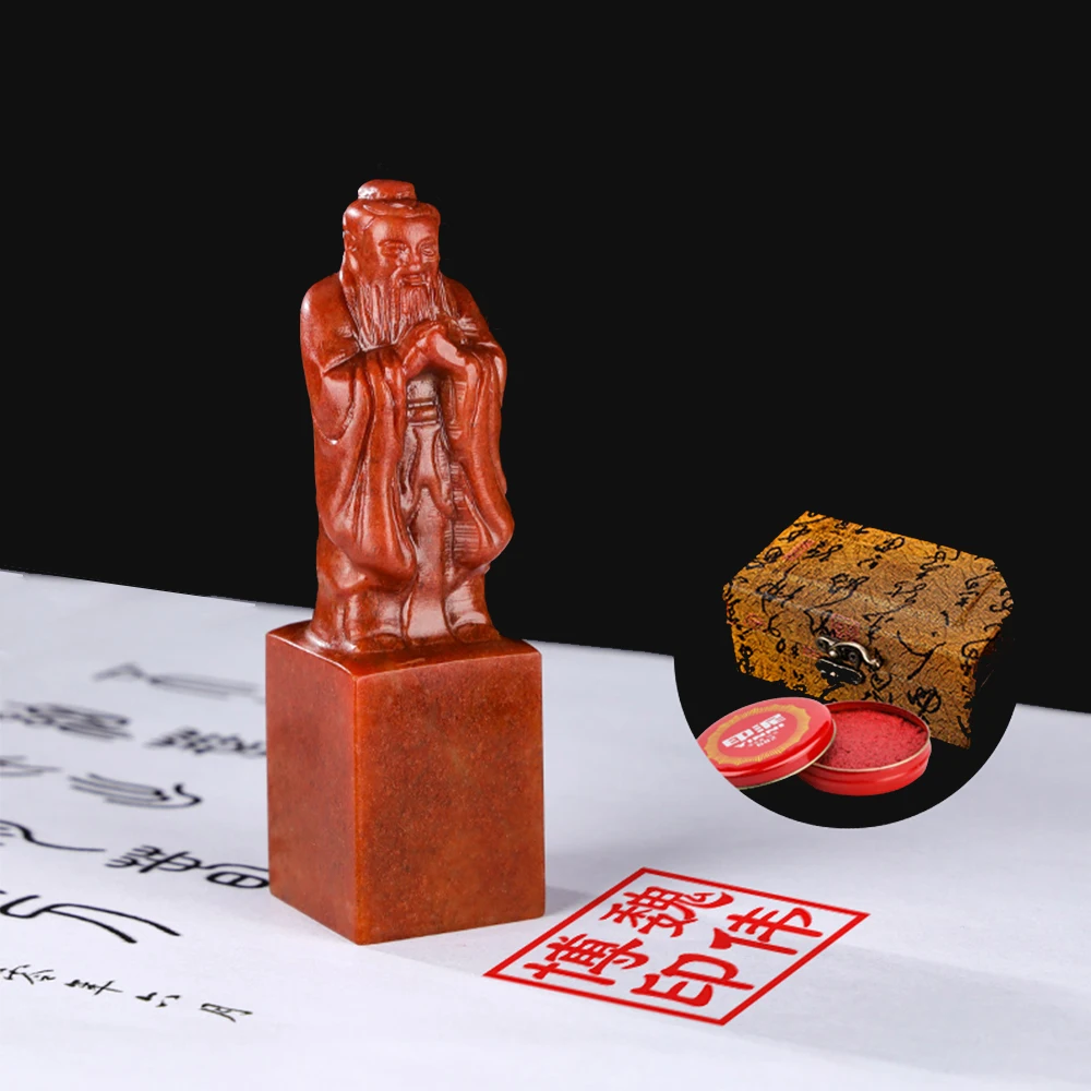 

Red Shoushan Stone Seals Confucius Statue Chinese Name Stamp Gift For Teacher Calligraphy Painting 2.5cm Square Desk Ornament