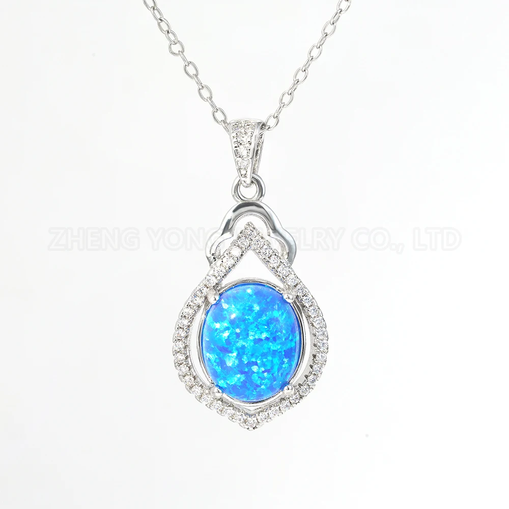 

Sterling Silver Teardrop Pendant without Chain Blue Opal Pendant Oval Gemstone Pendant for Women