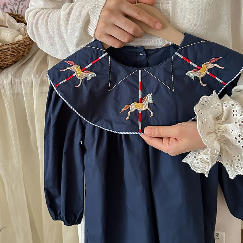 

Trimmed Equestrian Figures Two White Buttons Skirt for Children Casual Wear Kid Girl Elegant Long Sleeve Dress Navy Blue