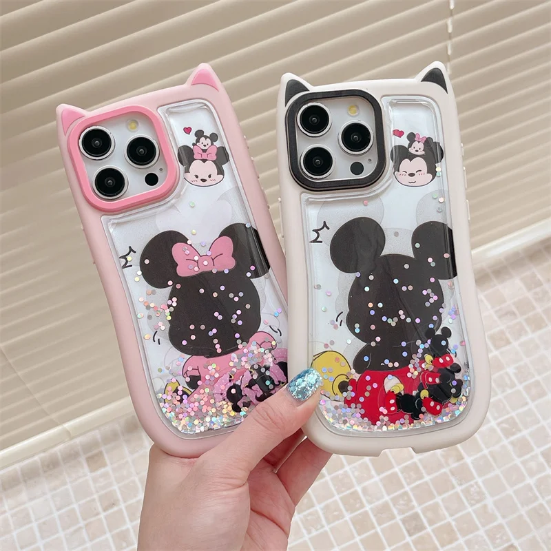 Funny Cartoon Mickey Minnie Quicksand Bling Glitter Phone Case For iPhone 15 14 13 12 Pro Max Disney Back Shadow Cat Ears Cover