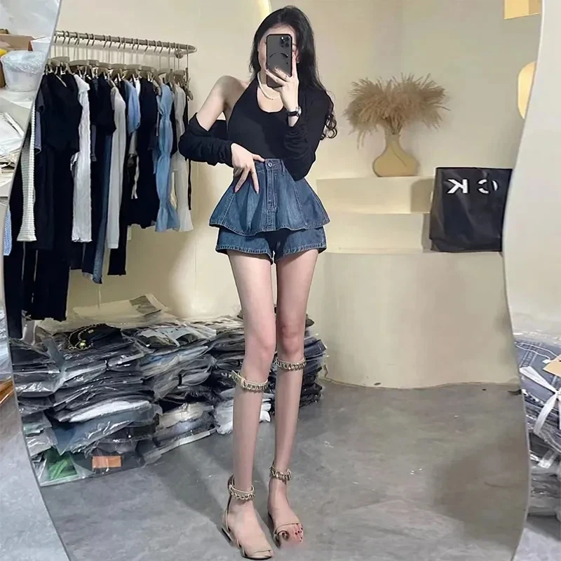Women High Waist Denim Ruffle Skorts Double Layer Mini Shorts Casual Fashion Jeans Shorts