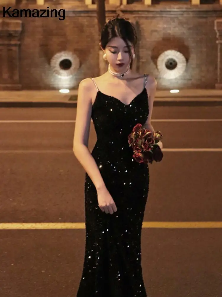 Elegant Sequin Night Club Dresses for Women Sexy Backless Spaghetti Strap Summer Vestidos Vintage Solid Slim Midi Dress Spring