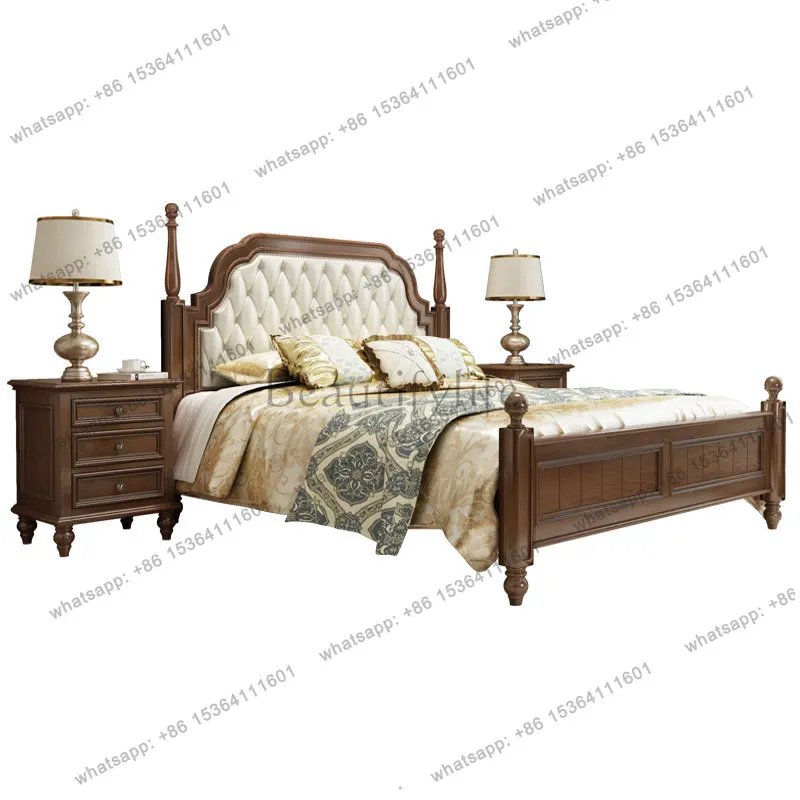 

American country style solid wood leather soft bag 1.8 meters double wedding bed 1.5 meters furniture