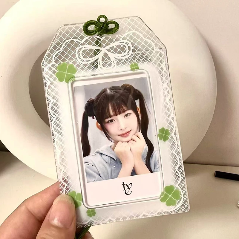 1Pcs PVC Card Holder Pink Sakura Photo Frame Green Clover Photocard Sleeves Kpop Idol Card Clip Creative Gift Card Cover
