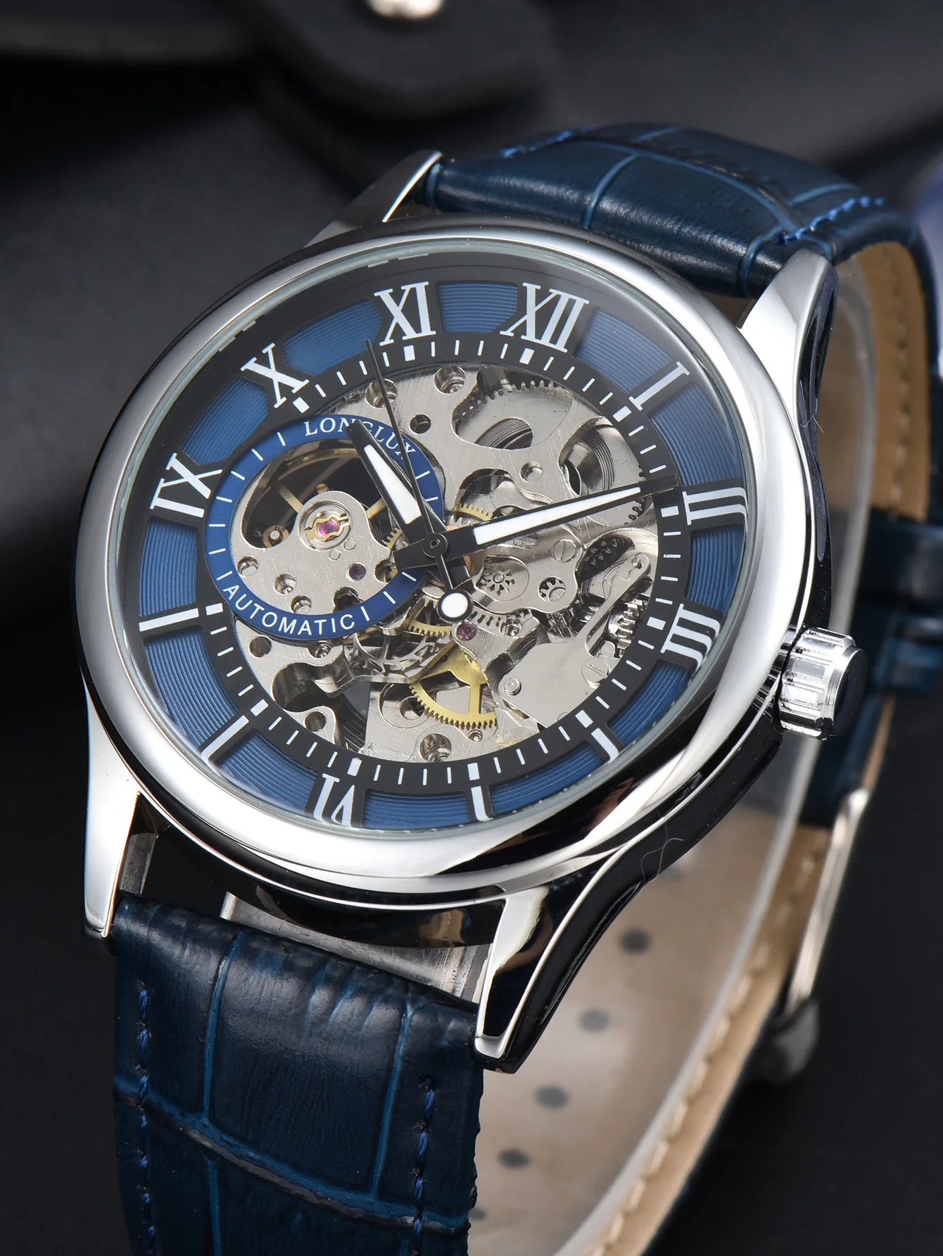 LONGThereautomatic-Montre mécanique rome pour homme, montres-bracelets étanches, montre en cuir creuse, cadeau pour homme, vente en gros