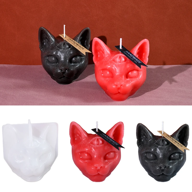 Three Eyes Cat Head Silicone Candle Mold DIY Handmade Animal Kitten Soap Plaster Crafts Resin Casting Molds Home Decor Gift