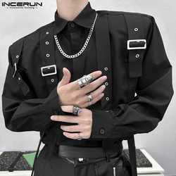 INCERUN Men Shirts Summer Spring Tops Solid Color Lace-Up Long Sleeve Men's Clothing Oversized Casual Shirt Male Streetwear