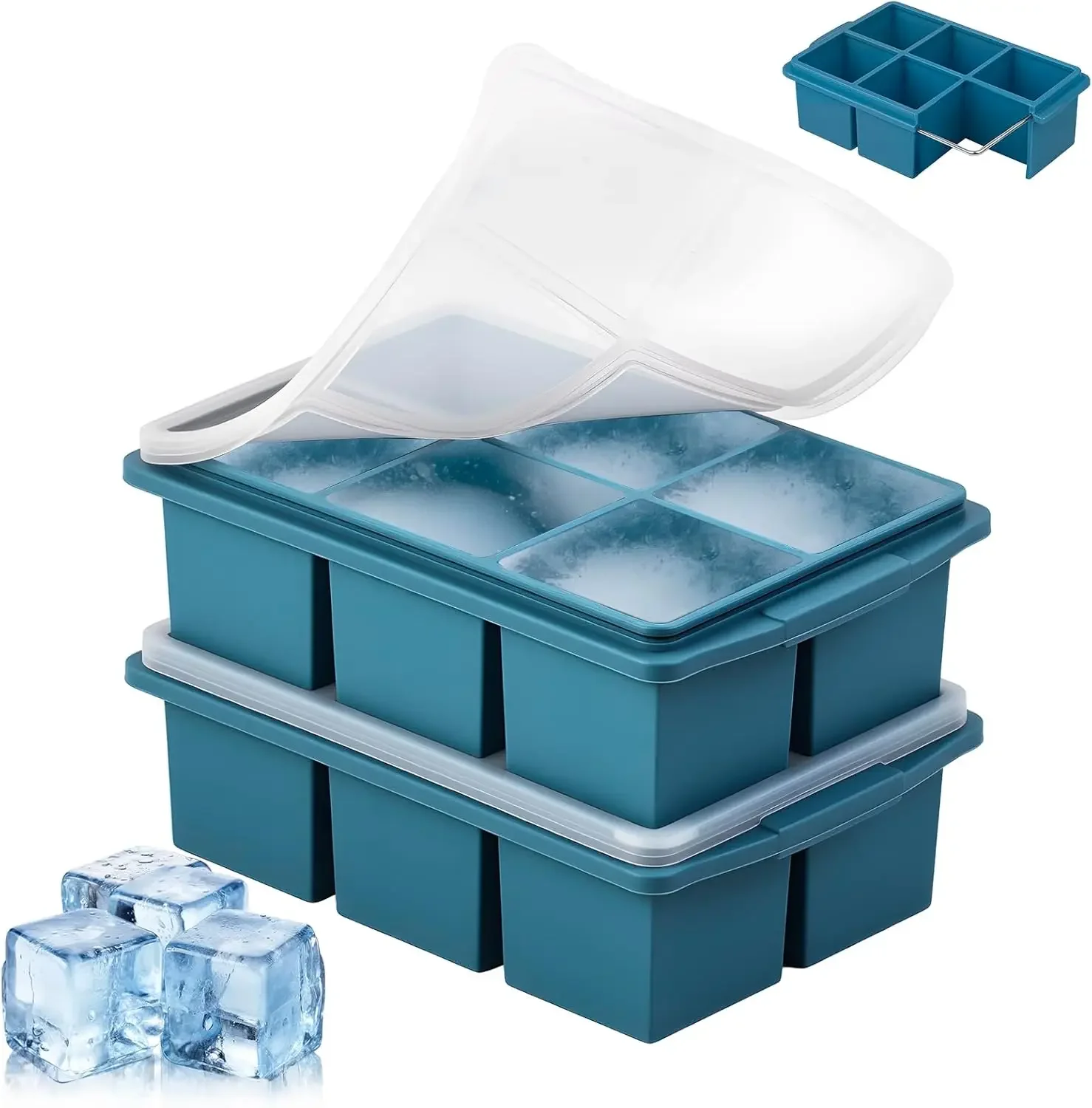 Large Ice Cube Trays for Whiskey (2 Pack) - Silicone Ice Cube Molds with Steel Frame Reinforcement & Lid, 2-Inch Square Ice Cube