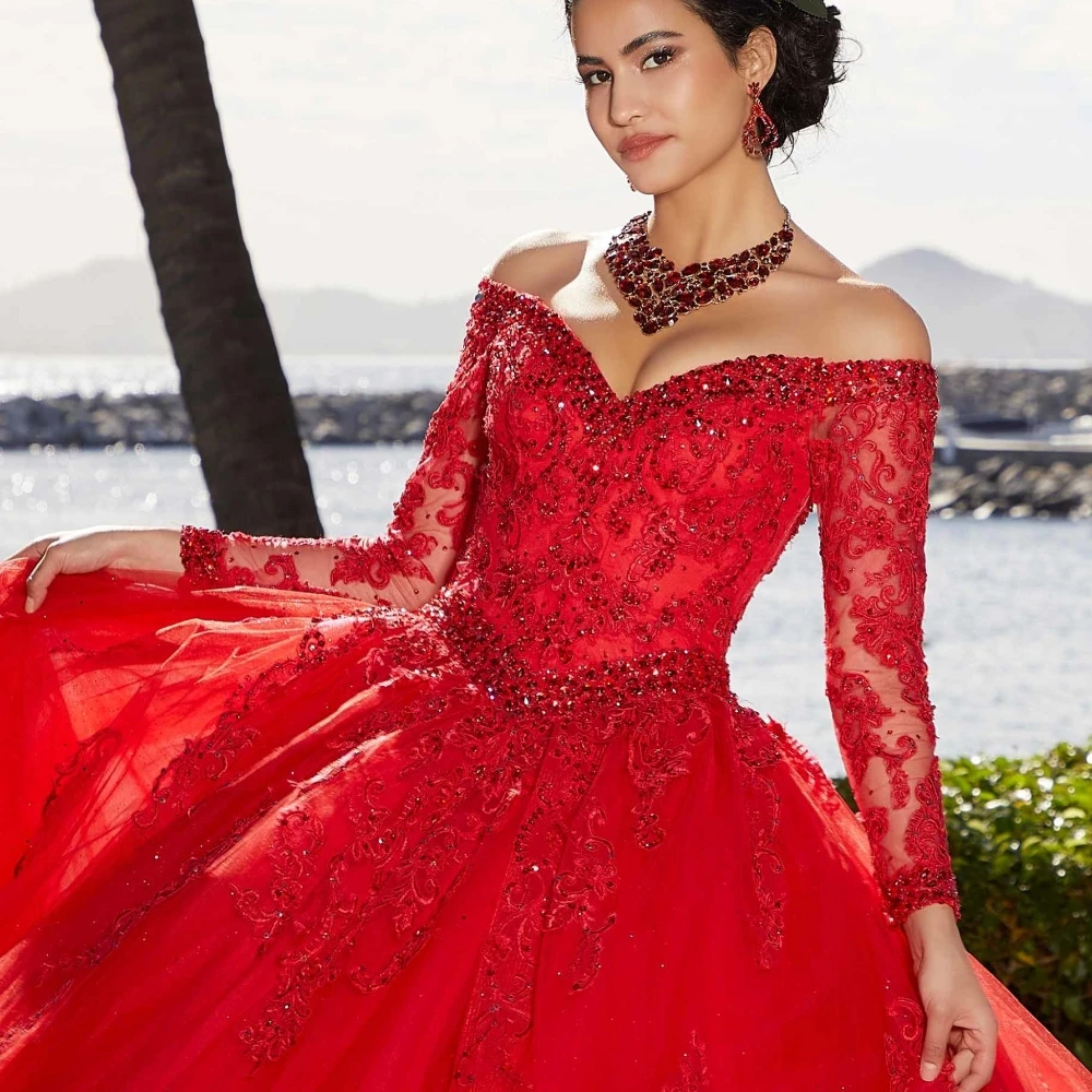 EVLAST-Robe Quinceanera personnalisée avec appliques en dentelle rouge, robe de Rhperlée, corset en cristal, robe Sweet 16, robe éducative, TQD127