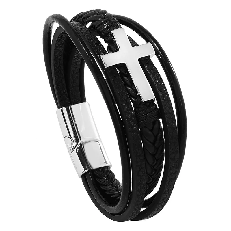 Pulseira de couro trançado multicamadas para homens, pulseiras clássicas, jóias de luxo, presente de ano novo