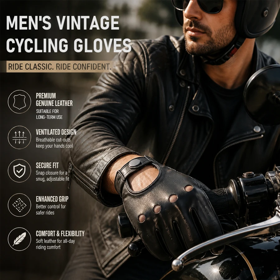 Men Genuine Leather Driving Gloves, Breathable Perforated Full Finger Motorcycle Gloves With Snap Button Wrist Closure For Racin