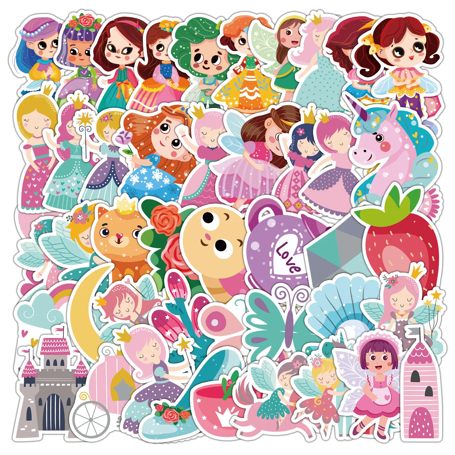 50pcs New Cute Cartoon Princess Series Graffiti Notebook Mobile Phone Computer Decorative Sticker Waterproof Creative