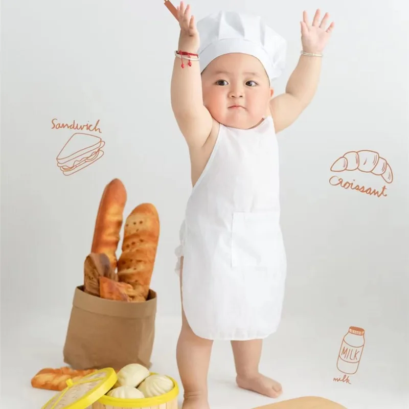 Fashion Baby Cook Apron Hat Set Newborn Photography Props Kids Costume 2026