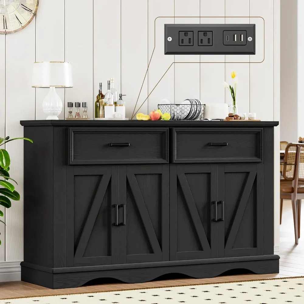 

56" Large Wooden Buffet Cabinet with Storage, Modern Coffee Bar and Wine Bar, Wave Base Design, Multi-Purpose Buffet Table