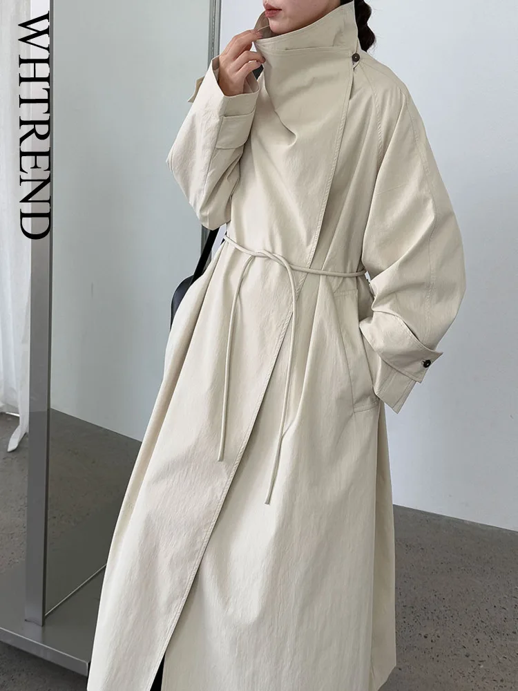 

WHTREND British Style Stand Collar Trench Coat For Women New Autumn Bandage Mid-Length Loose Windbreaker Coats High End WH1107