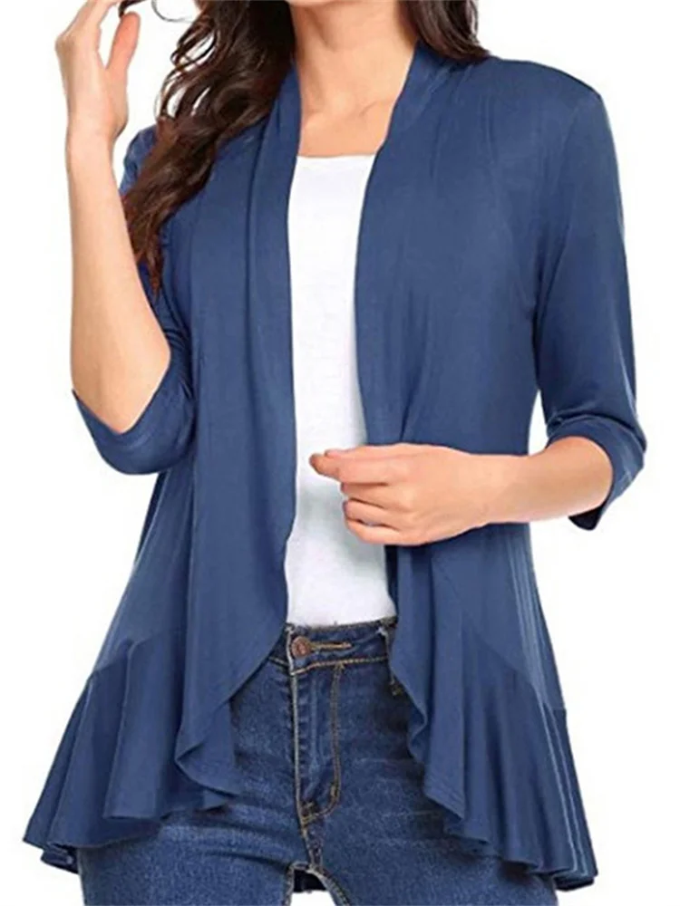 Dámský jarní podzimní kardigan, jednobarevný, 3/4 rukáv, volánový lem, kabáty, topy, ležérní saka, svrchní oblečení - náhled 3