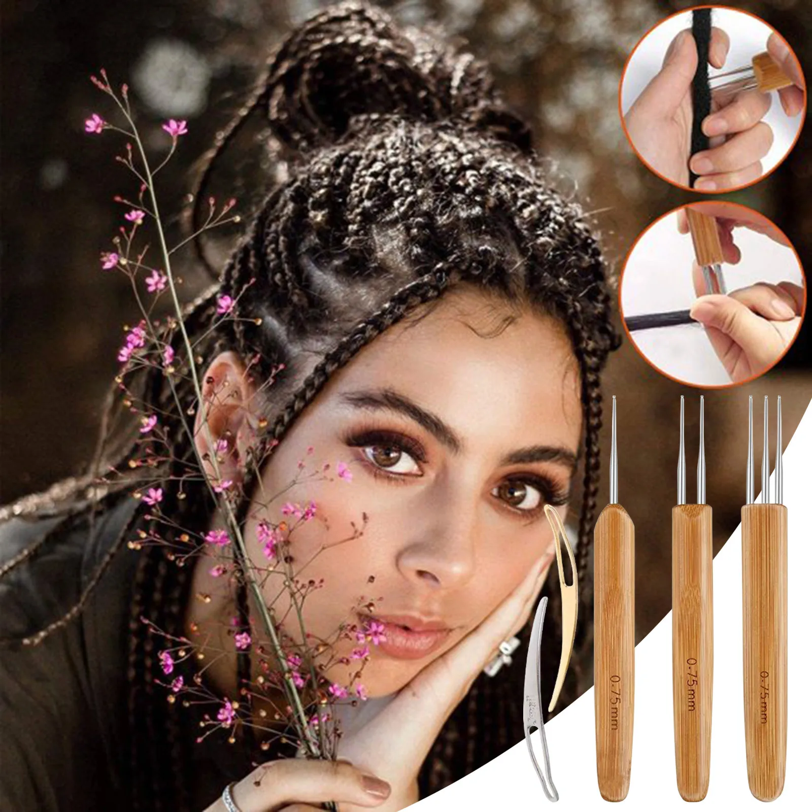 Dreadlocks Crochet Hooks, 2-headed and 3-headed Dreadlocks Crochet Hook Set, 0.75mm Hooks (3 hooks) + 2 Threaders, Hair Tools