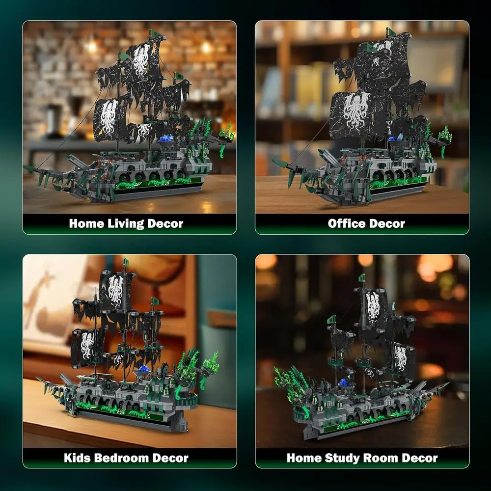 LED照明付き海賊船モデルキット、幽霊船フライングダッチマン、イースター用帆船おもちゃ、14歳以上、1100ピース