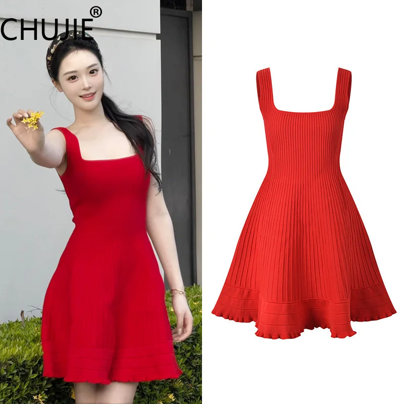 

CHUJIE Women's Dress 2025 Spring/Summer New Red Waist Collection Stylish And Sexy Square Neck Short Strap Dress