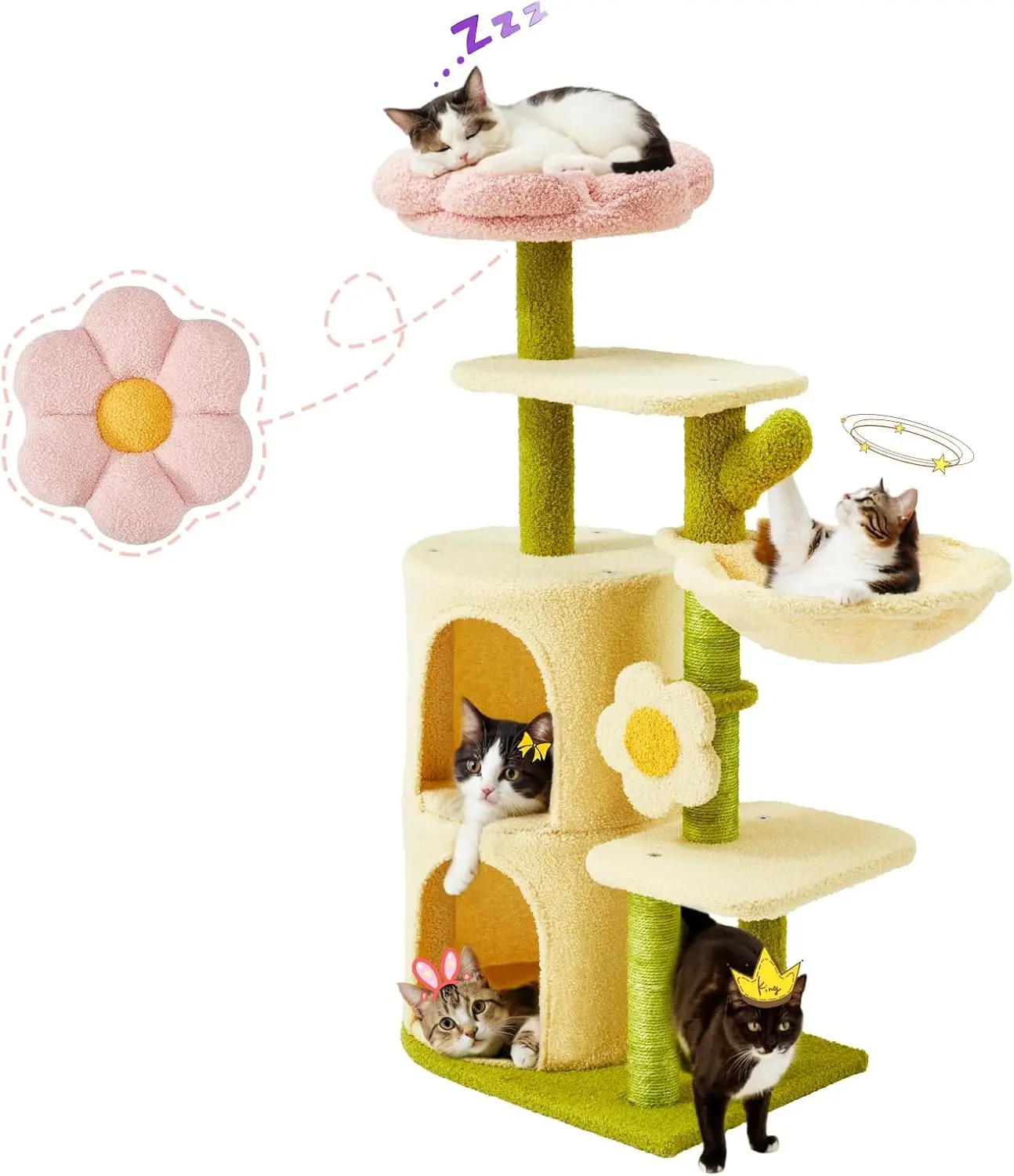 

38.2 Inch Multi-Level Cat Tower with Flower Perch, Cozy Condos, Hammock & Sisal Scratching Posts for Indoor Cats