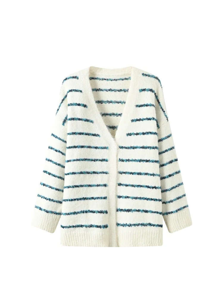 

Женская трикотажная кофта больших размеров в полоску с длинным рукавом, весенняя верхняя одежда, свободный крой, скрывающий недостатки фигуры, повседневный модный тренд