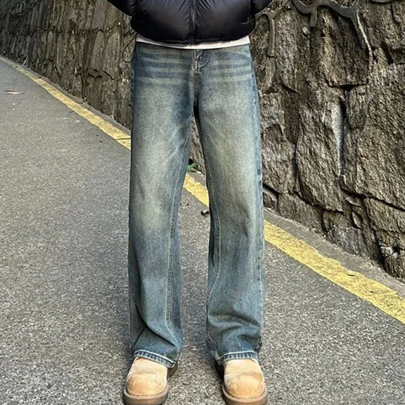 

Синие джинсы в стиле ретро, мужские высокие брюки, свободные прямые брюки в американском стиле High Street