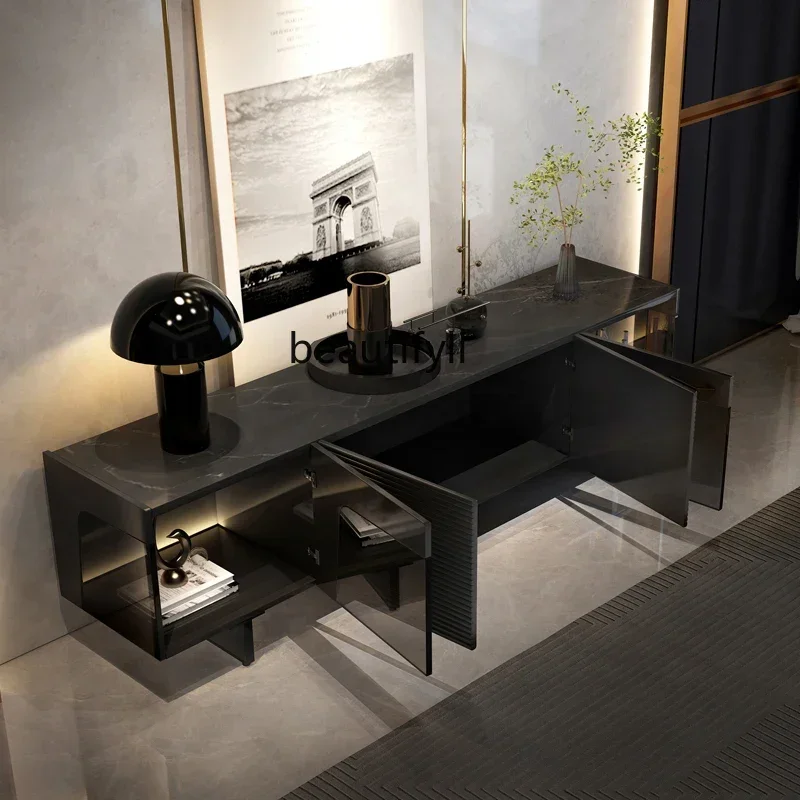 

07Итальянский ТВ-шкаф, вилла, гостиная, черный подвесной шкаф для хранения вещей, напольный шкаф с каменной плитой и подсветкой