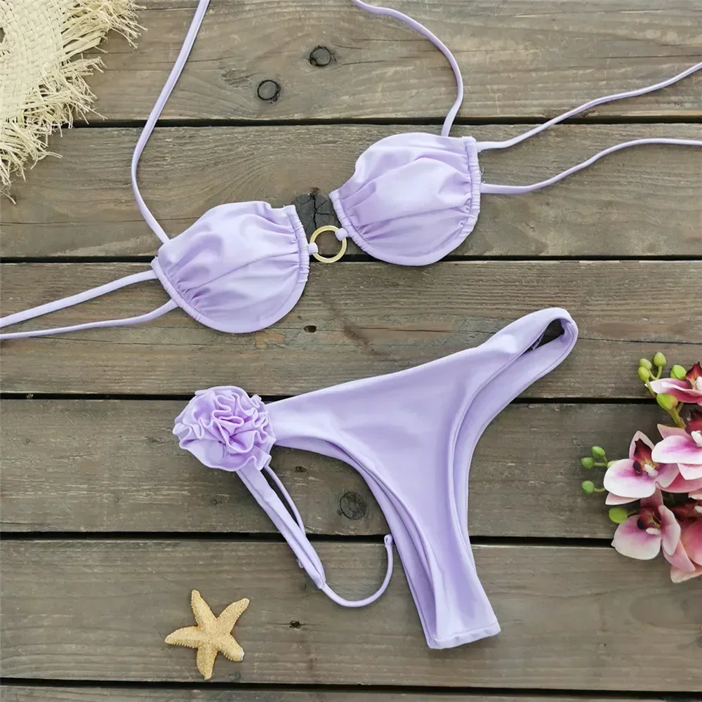 ثلاثية الأبعاد زهرة رفع مجموعة البكيني سلسلة الرسن ملابس السباحة مايكرو ثونغ مثير ملابس السباحة النساء حلقة معدنية ثوب السباحة البيكينيات 2024 Muejr