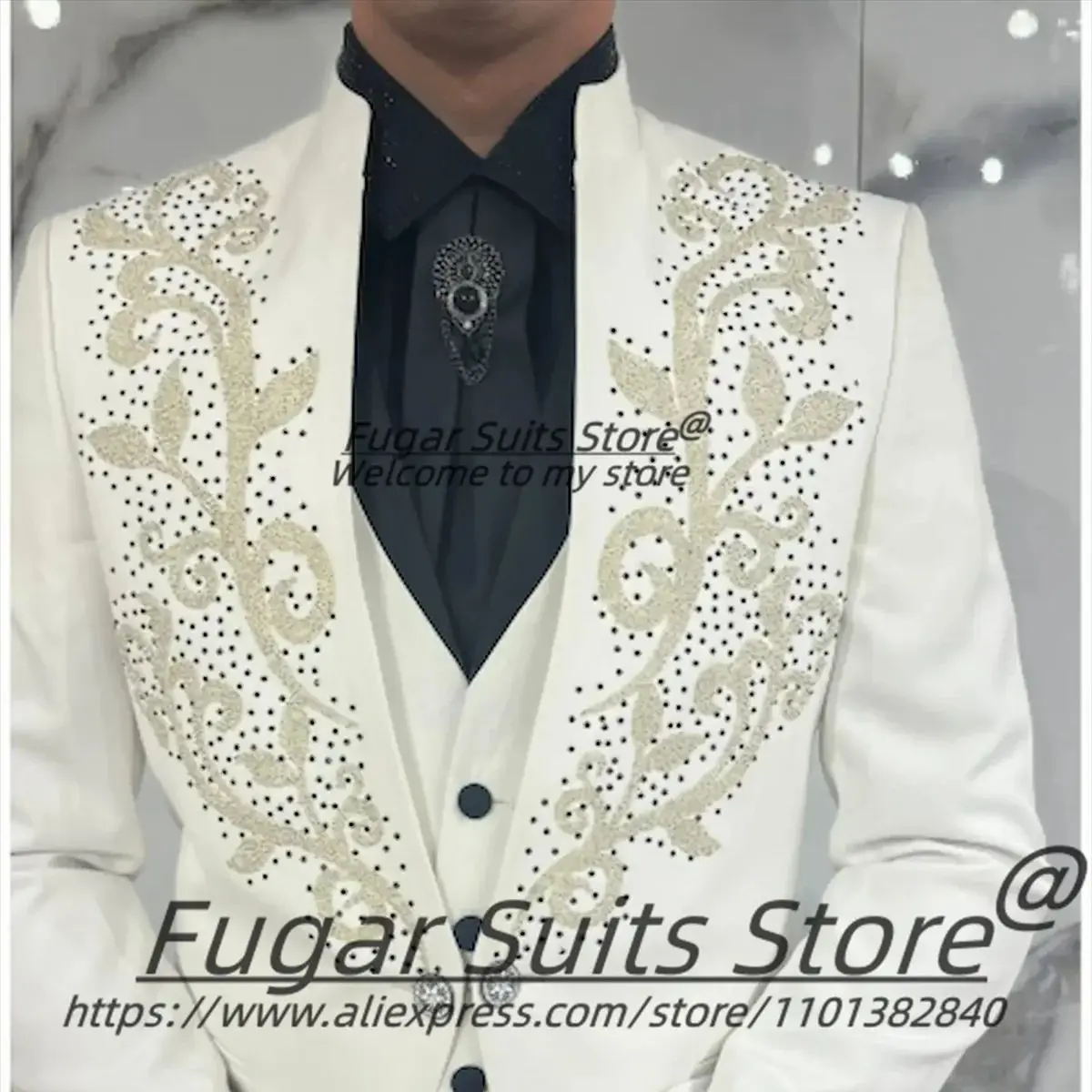 Fashion Shiny Beading Slim Fit Stand Collar 3Pieces Sets Male prom Blazers Customized Formal Groom Wedding Tuxedos Costume Homme